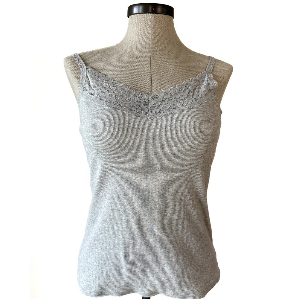 Y2K Nautica Gray Lace Trim Cami Ribbed Cotton Tank Top Soft Girl Minimalist